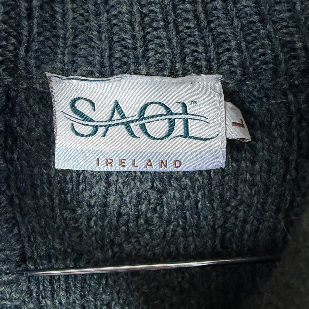 SAOL Ireland Mens L Green Aran Cable Knit Full Zip Cardigan Sweater 100% Merino - Picture 4 of 10